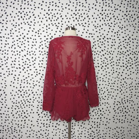 Lioness Red Baby Brooke Sheer Deep V-Neck Embroidered Romper - Picture 7 of 11